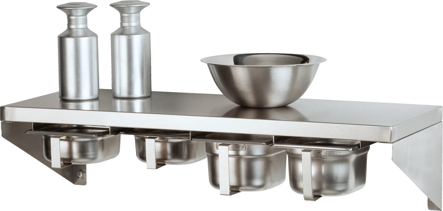 Pulsiva Torno Wall-Mounted Spice Rack, Stainless Steel Rustproof Shelf, 80x30 cm, Silver, for 4x 1/6 GN Containers, Includes Mounting Material
