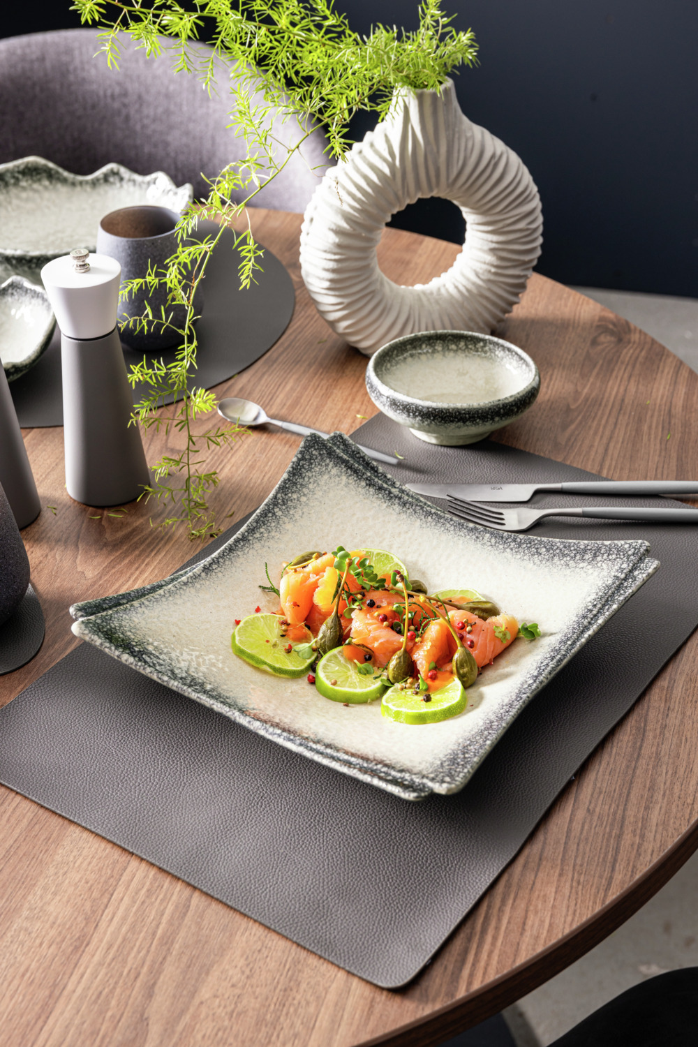 Vega Nagoya Porcelain Serving Platter and Dessert Plate Set of 4, Artistic Glazing, White/Grey, 20.5 x 20.5 x 5.5 cm, Dishwasher and Microwave Safe