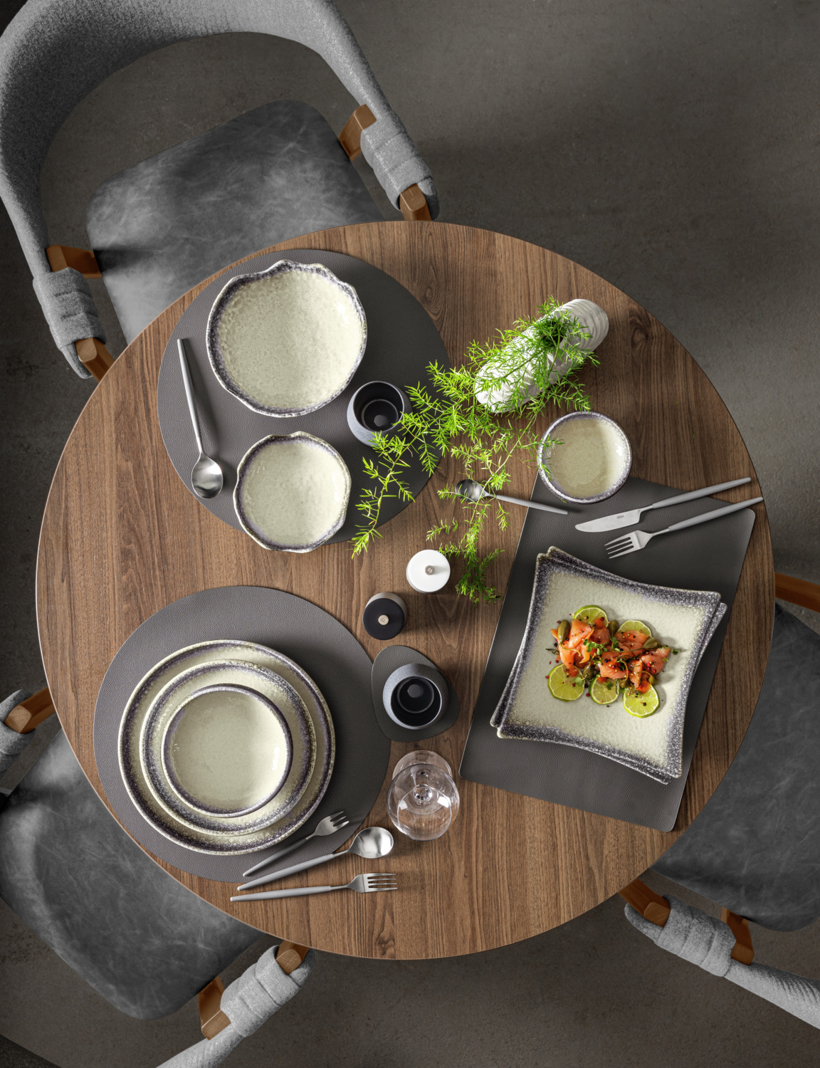 Vega Nagoya Porcelain Serving Platter and Dessert Plate Set of 4, Artistic Glazing, White/Grey, 20.5 x 20.5 x 5.5 cm, Dishwasher and Microwave Safe