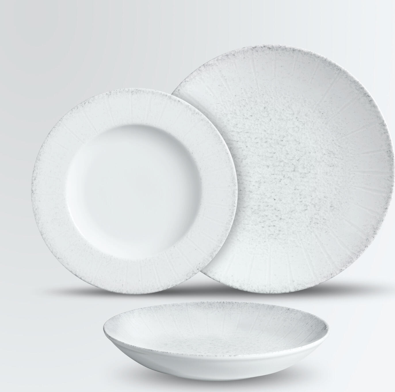 VEGA Caju Porcelain Dinnerware Sample Set of 3 Pieces, White/Grey Digital Print, Includes Flat Plates 25cm and 21cm, Deep Plate 22cm 600ml