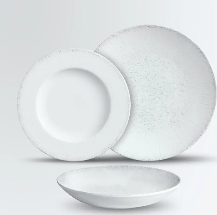 VEGA Caju Porcelain Dinnerware Sample Set of 3 Pieces, White/Grey Digital Print, Includes Flat Plates 25cm and 21cm, Deep Plate 22cm 600ml