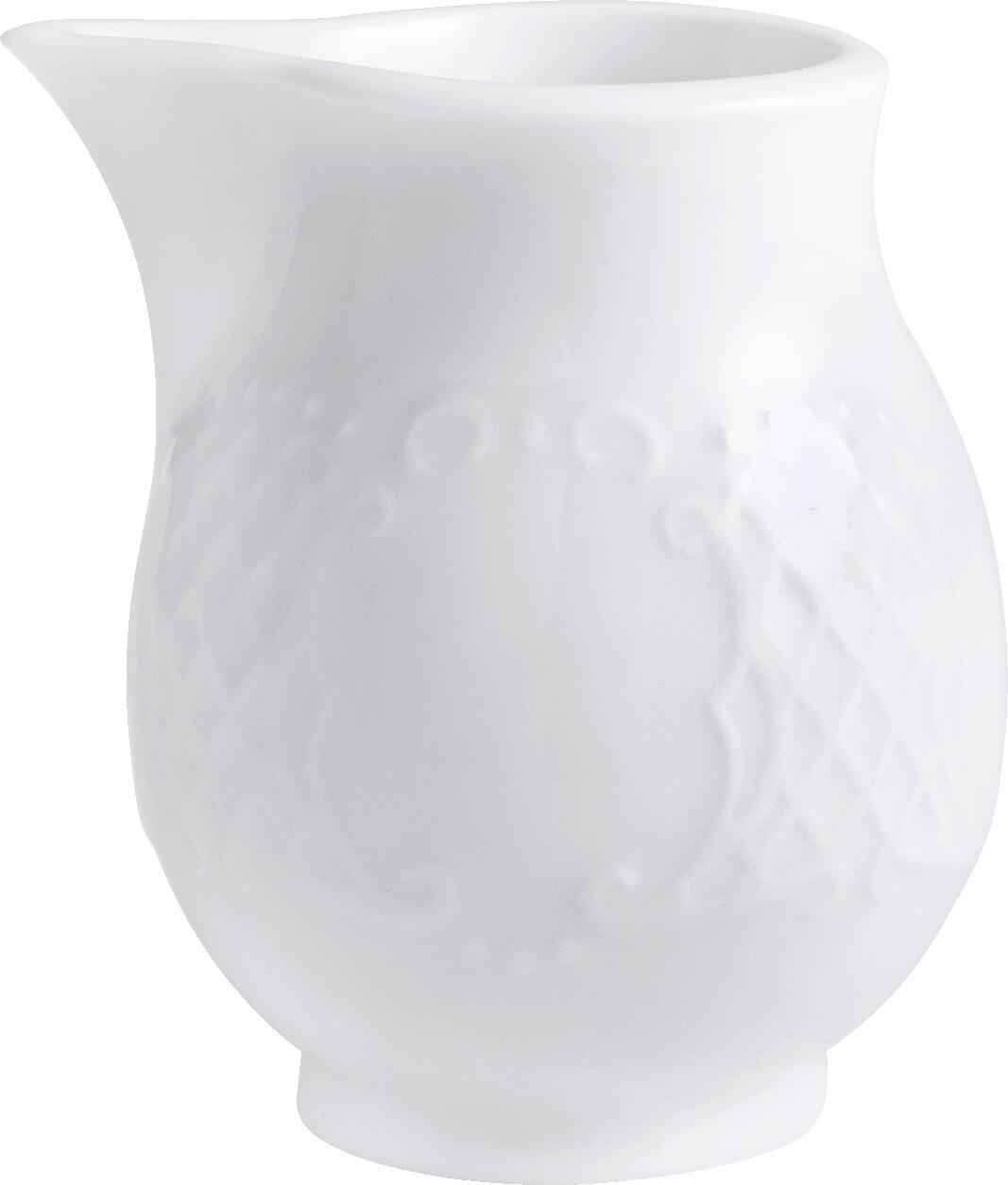 VEGA LUSINI Solutions GmbH Jug Minuett without handle Gießer Minuett ohne Henkel Jug Minuett without handle; 100 ml, 4.1x7.3 cm (ØxH); white; round; 6 piece / pack Gießer Minuett ohne Henkel; 100 ml, 4.1x7.3 cm (ØxH); weiß; rund; 6 Stück / Pack White porcelain pourer without handle. With filigree relief. Dishwasher safe and microwaveable. Weißer Gießer ohne Henkel aus Porzellan. Mit filigranem Relief. Spülmaschinenfest und mikrowellengeeignet.