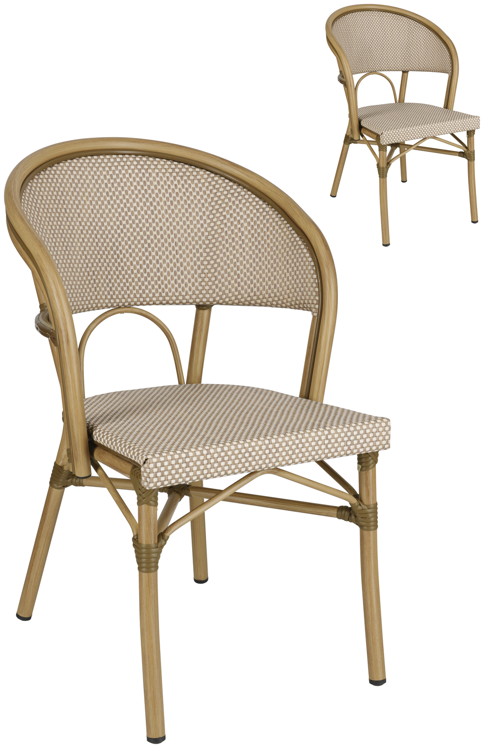 Scaune Bistro Stivuibile Exterior PULSIVA Solena cu Cotiere, Cadru Aluminiu Vopsit, Plastic Impletit, Bej/Maro, Set de 2 piese