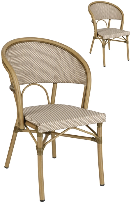 Scaune Bistro Stivuibile Exterior PULSIVA Solena cu Cotiere, Cadru Aluminiu Vopsit, Plastic Impletit, Bej/Maro, Set de 2 piese