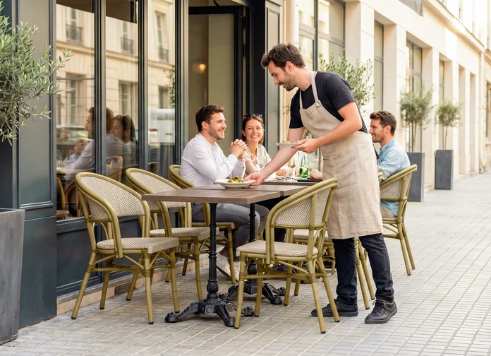 Scaune Bistro Stivuibile Exterior PULSIVA Solena cu Cotiere, Cadru Aluminiu Vopsit, Plastic Impletit, Bej/Maro, Set de 2 piese