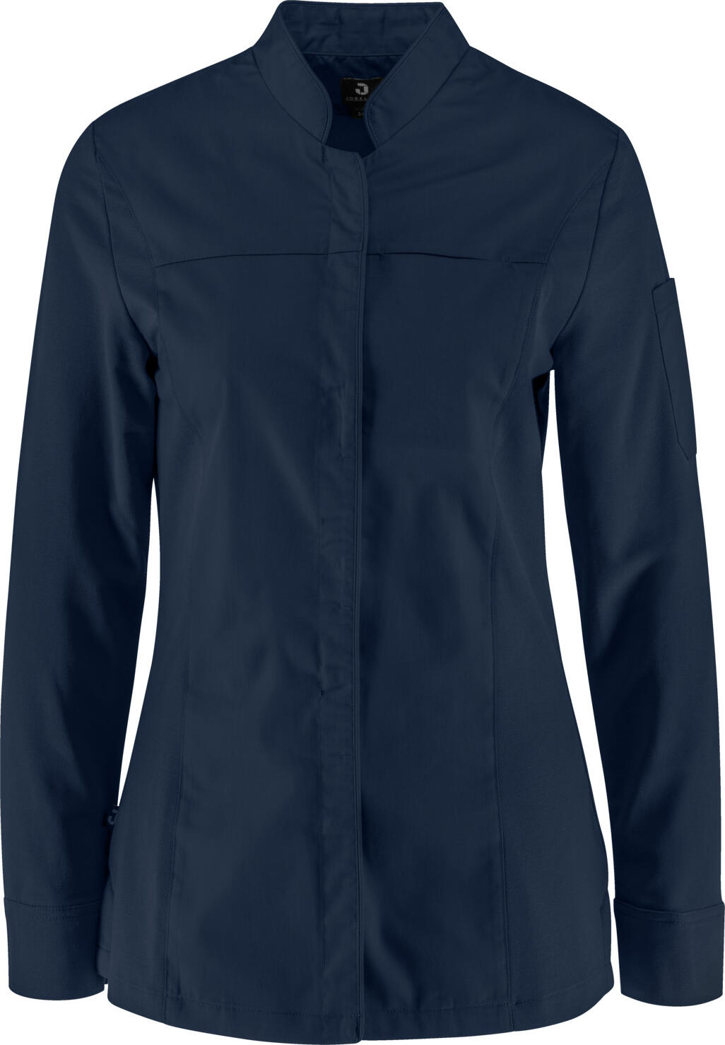 Jobeline Phoenix Women's Chef Jacket, Long Sleeve, Polyester-Cotton Blend, Small Wing Collar, Concealed Snap Fasteners, Navy, Size 34