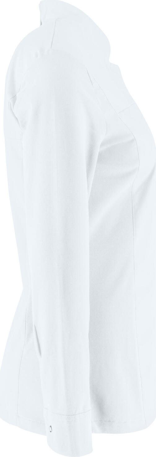 JOBELINE LUSINI Solutions GmbH Women's chef's jacket Phoenix long-sleeved Damen Kochjacke Phoenix Langarm Women's chef's jacket Phoenix long-sleeved; Size 36; white Damen Kochjacke Phoenix Langarm; Kleidergröße 36; weiß 65 % polyester, 35 % cotton. 150 g/m². 60 °C wash. Elegant women's chef jacket made of extra lightweight, breathable fabric. With a small wing collar, inner breast pocket, concealed button tape and a 2-part upper arm pocket. With a practical bib apron loop in the neck. The side panels and entire sleeves are made of an elastic piqué material, which is extremely breathable and ensures a very comfortable fit. The sleeves feature fully elastic, classic shirt cuffs with button and sleeve vent. Slightly tailored cut. Back length: 68 cm for size 36. 65 % Polyester, 35 % Baumwolle. 150 g/m². 60°-Wäsche Elegante Damenkochjacke aus einem extraleichten und atmungsaktiven Gewebe. Mit kleinem Stehkragen, innenliegender Brusttasche, verdeckter Druckknopfleiste, sowie einer zweigeteilten Oberarmtasche. Mit einer praktischen Latzschürzenschlaufe im Nacken. Die Seitenteile sowie die gesamten Ärmel bestehen aus einem atmungsaktiven und elastischen Piqué Material, das für eine äußerst bequeme Passform und Atmungsaktivität sorgt. Den Ärmelabschluss bildet eine ebenfalls vollelastische, klassische Hemdenmanschette mit Druckknopf und Ärmelschlitz. Leicht tailliert geschnitten. Rückenlänge: 68 cm in Gr. 36