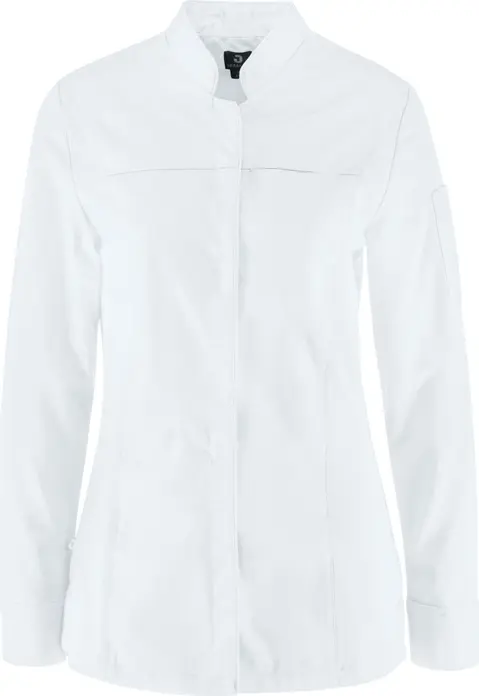 JOBELINE LUSINI Solutions GmbH Women's chef's jacket Phoenix long-sleeved Damen Kochjacke Phoenix Langarm Women's chef's jacket Phoenix long-sleeved; Size 36; white Damen Kochjacke Phoenix Langarm; Kleidergröße 36; weiß 65 % polyester, 35 % cotton. 150 g/m². 60 °C wash. Elegant women's chef jacket made of extra lightweight, breathable fabric. With a small wing collar, inner breast pocket, concealed button tape and a 2-part upper arm pocket. With a practical bib apron loop in the neck. The side panels and entire sleeves are made of an elastic piqué material, which is extremely breathable and ensures a very comfortable fit. The sleeves feature fully elastic, classic shirt cuffs with button and sleeve vent. Slightly tailored cut. Back length: 68 cm for size 36. 65 % Polyester, 35 % Baumwolle. 150 g/m². 60°-Wäsche Elegante Damenkochjacke aus einem extraleichten und atmungsaktiven Gewebe. Mit kleinem Stehkragen, innenliegender Brusttasche, verdeckter Druckknopfleiste, sowie einer zweigeteilten Oberarmtasche. Mit einer praktischen Latzschürzenschlaufe im Nacken. Die Seitenteile sowie die gesamten Ärmel bestehen aus einem atmungsaktiven und elastischen Piqué Material, das für eine äußerst bequeme Passform und Atmungsaktivität sorgt. Den Ärmelabschluss bildet eine ebenfalls vollelastische, klassische Hemdenmanschette mit Druckknopf und Ärmelschlitz. Leicht tailliert geschnitten. Rückenlänge: 68 cm in Gr. 36
