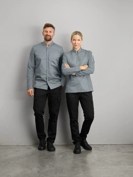 Jacketă Bucătărie Jobeline Phoenix pentru femei, Mănuri lungi, Gri, Mărime 50, 65% Poliester 35% Bumbac, Panouri laterale din piqué elastic, OEKO-TEX Standard 100