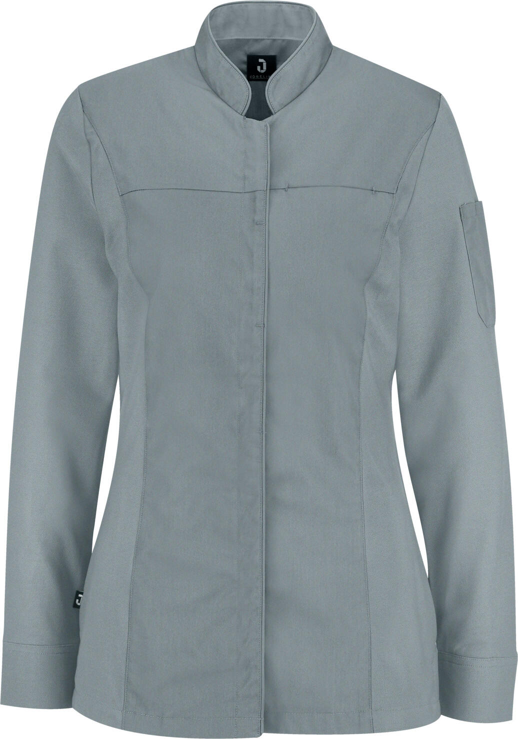 JOBELINE LUSINI Solutions GmbH Women's chef's jacket Phoenix long-sleeved Damen Kochjacke Phoenix Langarm Women's chef's jacket Phoenix long-sleeved; Size 50; grey Damen Kochjacke Phoenix Langarm; Kleidergröße 50; grau 65 % polyester, 35 % cotton. 150 g/m². 60 °C wash. Elegant women's chef jacket made of extra lightweight, breathable fabric. With a small wing collar, inner breast pocket, concealed button tape and a 2-part upper arm pocket. With a practical bib apron loop in the neck. The side panels and entire sleeves are made of an elastic piqué material, which is extremely breathable and ensures a very comfortable fit. The sleeves feature fully elastic, classic shirt cuffs with button and sleeve vent. Slightly tailored cut. Back length: 68 cm for size 36. 65 % Polyester, 35 % Baumwolle. 150 g/m². 60°-Wäsche Elegante Damenkochjacke aus einem extraleichten und atmungsaktiven Gewebe. Mit kleinem Stehkragen, innenliegender Brusttasche, verdeckter Druckknopfleiste, sowie einer zweigeteilten Oberarmtasche. Mit einer praktischen Latzschürzenschlaufe im Nacken. Die Seitenteile sowie die gesamten Ärmel bestehen aus einem atmungsaktiven und elastischen Piqué Material, das für eine äußerst bequeme Passform und Atmungsaktivität sorgt. Den Ärmelabschluss bildet eine ebenfalls vollelastische, klassische Hemdenmanschette mit Druckknopf und Ärmelschlitz. Leicht tailliert geschnitten. Rückenlänge: 68 cm in Gr. 36