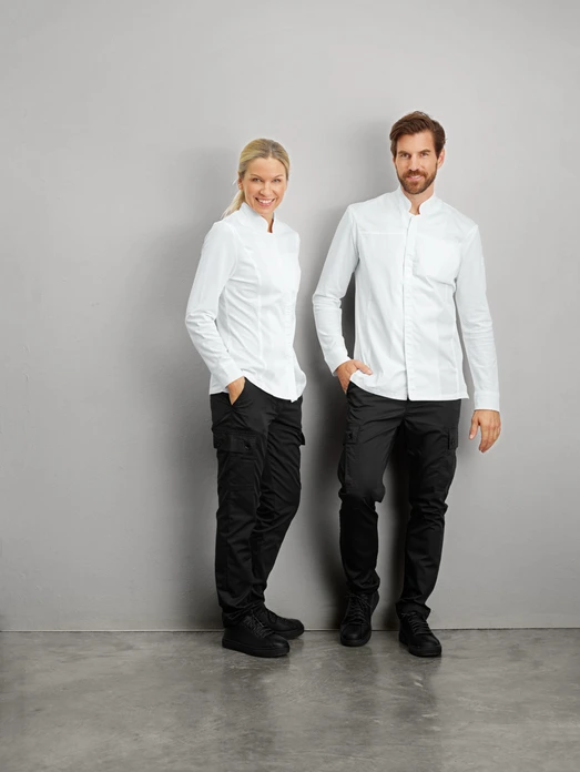 Jobeline Phoenix Women's Chef Jacket, Long-Sleeved, 65% Polyester 35% Cotton, Small Wing Collar, Concealed Snap Buttons, OEKO-TEX Certified