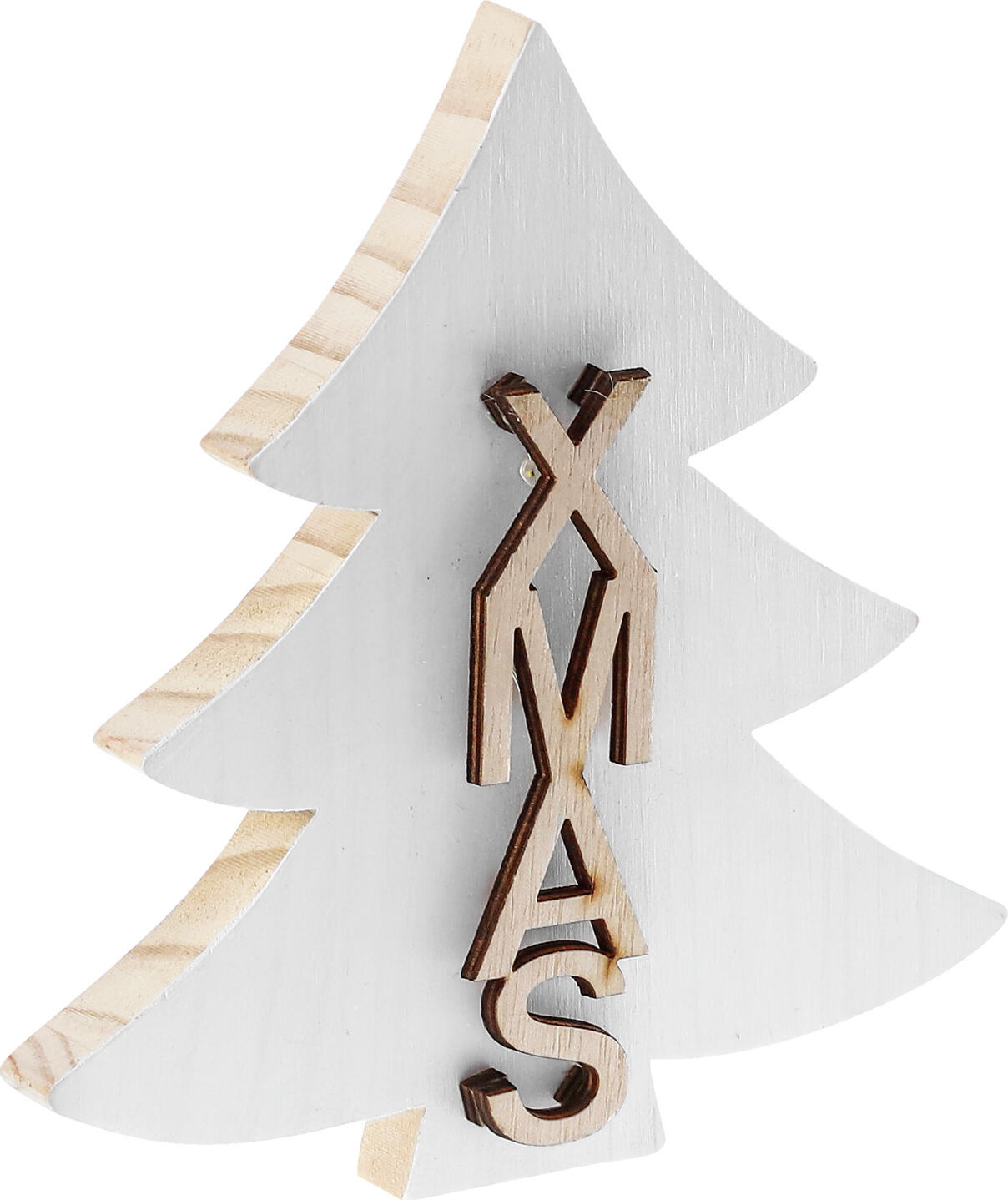 Decoratiune brad de Craciun LED LUSINI Solutions GmbH Dostana, Lemn, Alb si Natural, Iluminare LED indirecta scrisul XMAS, 17.5 x 1.5 x 19 cm