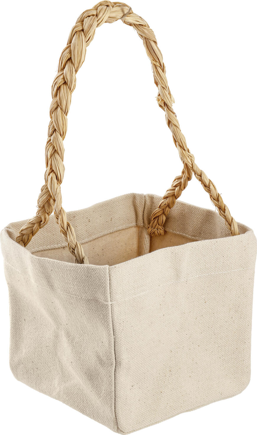 LUSINI Solutions GmbH Agnis Decorative Basket, Square Canvas Linen with Raffia Handles, 12x12x12 cm, Natural Beige, Planter and Storage