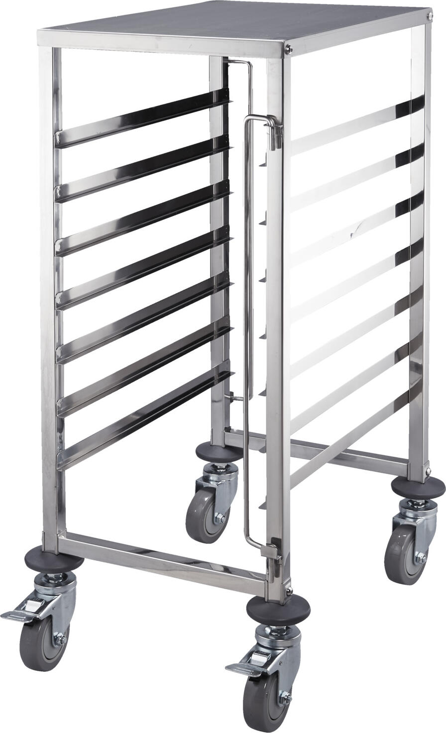 PULSIVA LUSINI Solutions GmbH Shelving trolley Regalwagen GN 7 Shelving trolley; 55x38x100 cm (WxDxH); silver Regalwagen GN 7; 55x38x100 cm (BxTxH); silber Stable trolley made of stainless steel, rustproof. 7 support rails for GN trays or GN containers (GN 1/1). Square tube frame (2,5x2,5 cm), distance 8 cm. Both sides with stainless steel straps for push-through and transport security. Four wheels made of high-quality PVC and wall deflectors (Ø 10 cm), two of them with parking brake. Max. load capacity 150 kg, each rail max. 10 kg. Weight 14,5 kg. Delivery is disassembled, easy self-assembly. Stabiler Wagen aus Edelstahl, rostfrei. Sieben Auflageschienen für GN Tabletts oder GN-Behälter (GN 1/1). Vierkant-Rohrrahmen (Ø 25 x 25 mm) Auflagenabstand 8 cm. Beidseitig mit Edelstahlbügeln zur Durchschub- und Transportsicherung. Vier Lenkrollen aus hochwertigem PVC und Wandabweisern (Ø 10 cm), zwei davon mit Feststellbremse. Tragkraft insgesamt max. 150 kg, jede Schiene max. 10 kg. Gewicht 14,5 kg. Lieferung zerlegt, einfache Selbstmontage.