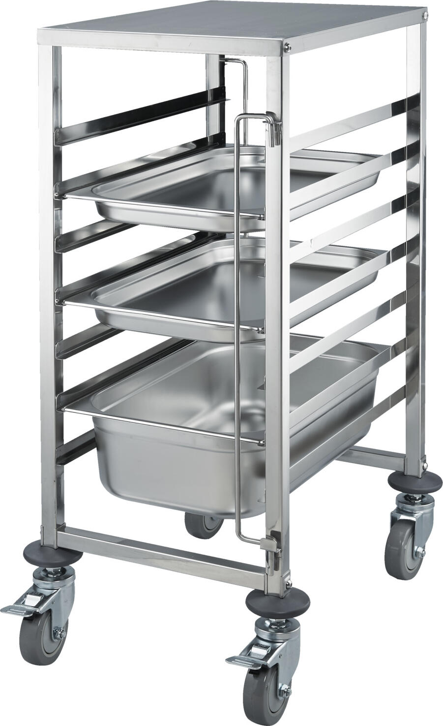 Carucas GN 7 PULSIVA din otel inoxidabil pentru tavi GN 1/1, 7 sine de suport, 55x38x100 cm, Capacitate 150kg, 4 roți PVC cu 2 frane