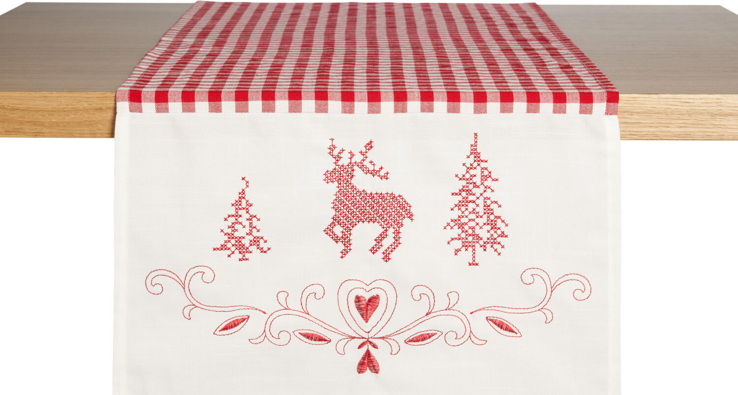LUSINI Solutions GmbH Chatelete Deer Table Runner, 40x130 cm, 100% Polyester, Red/White Plaid with Embroidered Stag, OEKO-TEX Standard 100