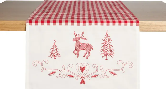 LUSINI Solutions GmbH Chatelete Deer Table Runner, 40x130 cm, 100% Polyester, Red/White Plaid with Embroidered Stag, OEKO-TEX Standard 100