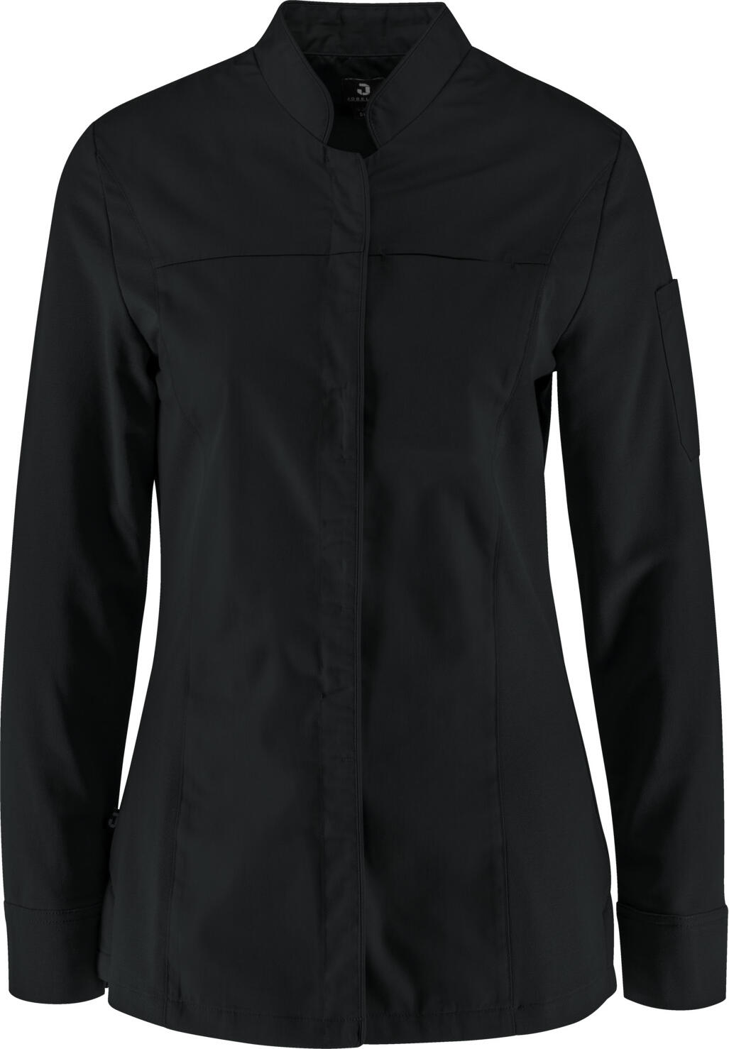 JOBELINE LUSINI Solutions GmbH Women's chef's jacket Phoenix long-sleeved Damen Kochjacke Phoenix Langarm Women's chef's jacket Phoenix long-sleeved; Size 50; black Damen Kochjacke Phoenix Langarm; Kleidergröße 50; schwarz 65 % polyester, 35 % cotton. 150 g/m². 60 °C wash. Elegant women's chef jacket made of extra lightweight, breathable fabric. With a small wing collar, inner breast pocket, concealed button tape and a 2-part upper arm pocket. With a practical bib apron loop in the neck. The side panels and entire sleeves are made of an elastic piqué material, which is extremely breathable and ensures a very comfortable fit. The sleeves feature fully elastic, classic shirt cuffs with button and sleeve vent. Slightly tailored cut. Back length: 68 cm for size 36. 65 % Polyester, 35 % Baumwolle. 150 g/m². 60°-Wäsche Elegante Damenkochjacke aus einem extraleichten und atmungsaktiven Gewebe. Mit kleinem Stehkragen, innenliegender Brusttasche, verdeckter Druckknopfleiste, sowie einer zweigeteilten Oberarmtasche. Mit einer praktischen Latzschürzenschlaufe im Nacken. Die Seitenteile sowie die gesamten Ärmel bestehen aus einem atmungsaktiven und elastischen Piqué Material, das für eine äußerst bequeme Passform und Atmungsaktivität sorgt. Den Ärmelabschluss bildet eine ebenfalls vollelastische, klassische Hemdenmanschette mit Druckknopf und Ärmelschlitz. Leicht tailliert geschnitten. Rückenlänge: 68 cm in Gr. 36
