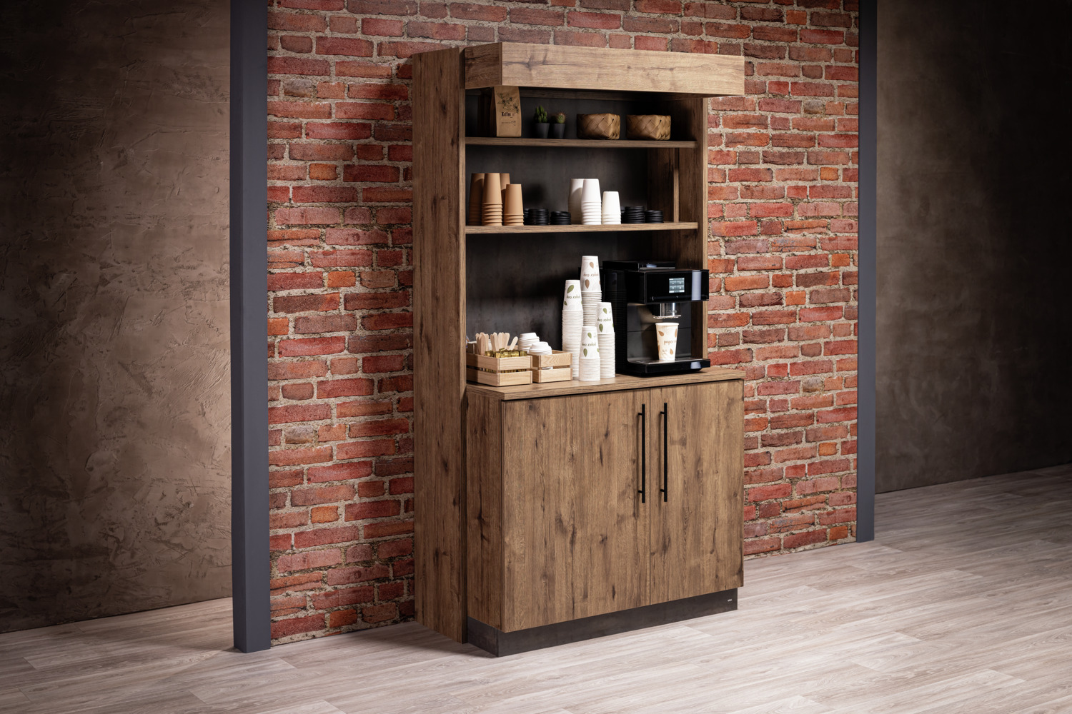 VEGA Baristo Classic Serving Station, Antique Oak Wood-Based Panels, 115x62x216 cm, 2 Doors, Adjustable Shelves, Max Load 80kg