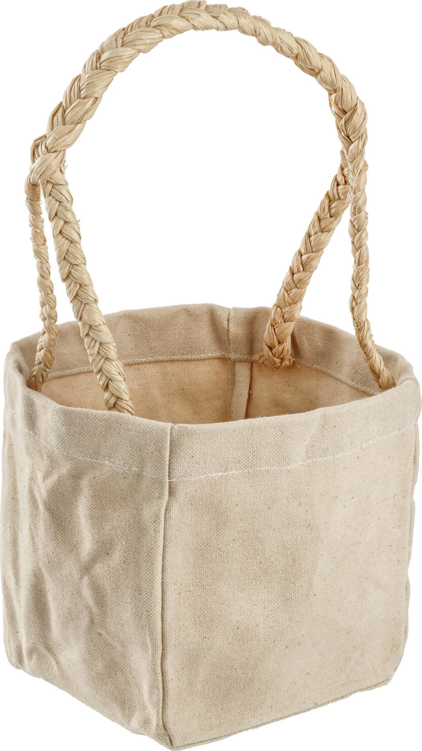 LUSINI Solutions GmbH Agnis Decorative Basket, Square Canvas Linen with Raffia Handles, Natural Beige, 15x15x15 cm, Planter and Storage Organizer