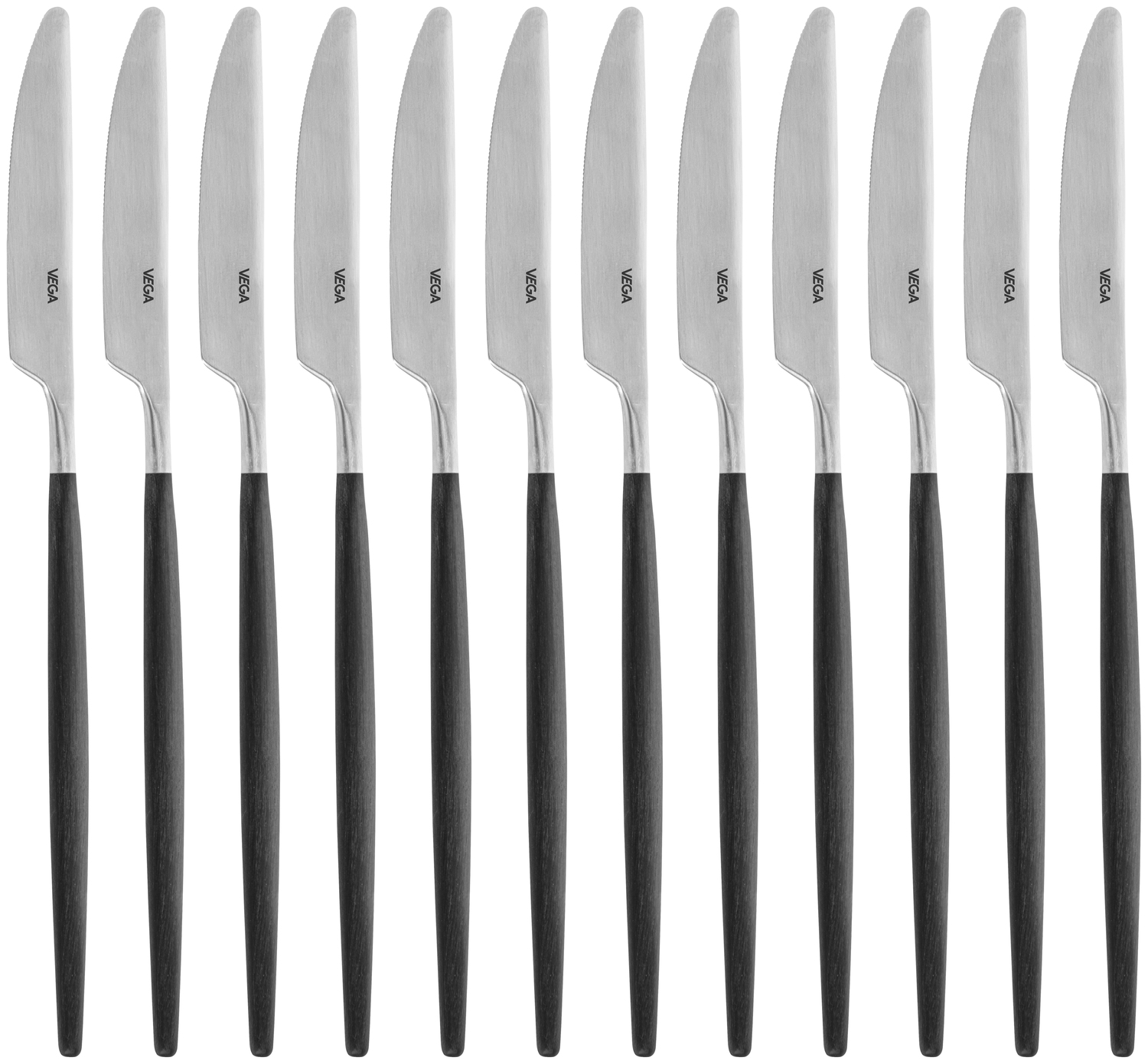 Set de 12 piese Cutite de Masa VEGA Turin, 24.5 cm Lama din Otel Inoxid 13/0 Crom, Maner Sintetic POM Negru, Design Modern Slim, Safe la Masina de Spalat