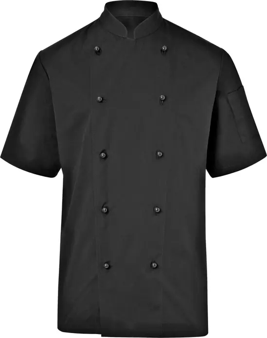 PULSIVA LUSINI Solutions GmbH Men's chef's jacket Milan short-sleeved Herren Kochjacke Milan Kurzarm Men's chef's jacket Milan short-sleeved; Size 44; black Herren Kochjacke Milan Kurzarm; Kleidergröße 44; schwarz 65 % polyester, 35 % cotton. 150 g/m². 60 °C wash Short-sleeved men's chef jacket made of extra light and robust fabric. With stand-up collar and two-piece upper arm pocket. Straight cut. Delivery includes matching ball buttons. Back length: 79 cm for size 50. 65 % Polyester, 35 % Baumwolle. 150 g/m². 60°-Wäsche Kurzärmlige Herrenkochjacke aus extra leichtem und robustem Gewebe. Mit Stehkragen und zweigeteilter Oberarmtasche. Gerade geschnitten. Lieferung inkl. farblich passender Kugelknöpfe. Rückenlänge: 79 cm in Gr 50