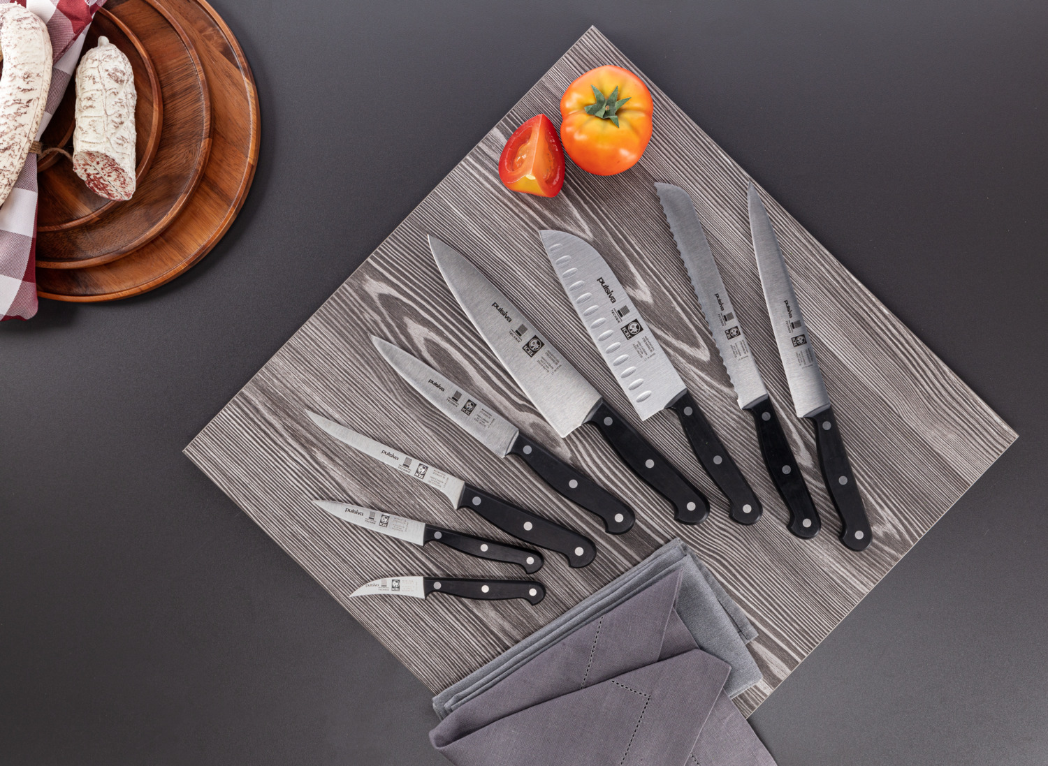 Set de 6 piese cuțite Pulsiva, lame din oțel X50CrMoV15 crom-molibden-vanadiu, mânere ergonomice din plastic POM negru, rezistente la coroziune