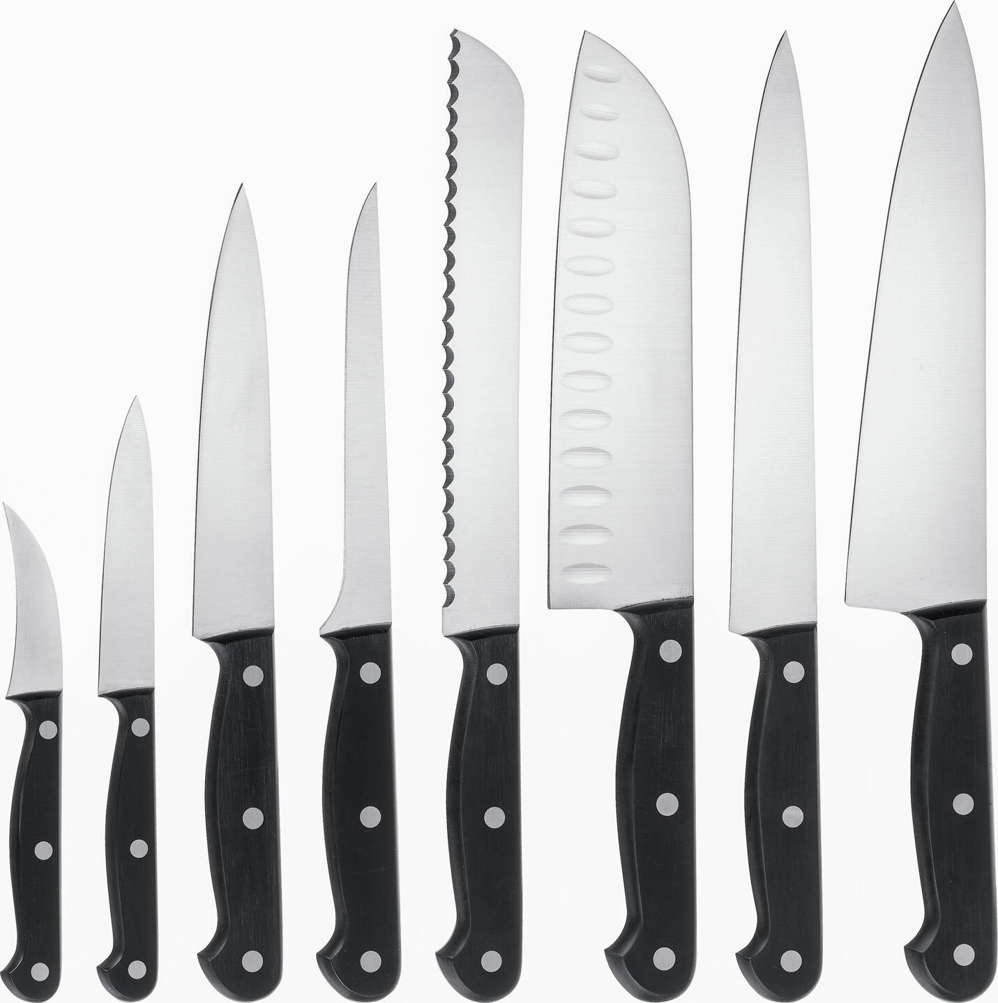 PULSIVA LUSINI Solutions GmbH Knife set POM 8-piece Messer-Set POM 8-teilig Knife set POM 8-piece; Blade length 10 cm, 20 cm (L); black Messer-Set POM 8-teilig; Klingenlänge 10 cm, 20 cm (L); schwarz Extremely sharp 8-piece professional kitchen knife set. With blades made of corrosion-resistant chrome-molybdenum-vanadium steel in alloy X50CrMoV15 and handle made of POM plastic (polyoxymethylene) - riveted 3 times. Long lasting sharpness guaranteed. Ergonomically designed handles with a good weight balance between handle and blade for comfortable handling. Consisting of chef knife, Santoku knife, all-purpose knife, ham knife, boning knife, paring knife and bread knife. Extrem scharfes acht- teiliges Profi-Küchenmesser-Set. Mit Klingen aus korrosionsbeständigem Chrom-Molybdän-Vanadium Stahl in der Legierung X50CrMoV15 und Griff aus POM Kunststoff (Polyoxymethylen) - dreifach genietet. Langanhaltende Schärfe garantiert. Ergonomisch geformte Griffe mit einer guten Gewichtsbalance zwischen Griff und Klinge für eine komfortable Handhabung. Bestehend aus Kochmesser, Santokumesser, Allzweckmesser, Schinkenmesser, Ausbeinmesser, Gemüsemesser, Schälmesser und Brotmesser.