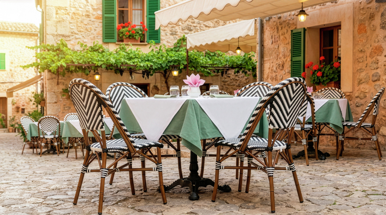 Set de 2 scaune bistro Paris PULSIVA LUSINI Solutions, Negru/Alb, cadru aluminiu aspect bambus, rachita plastic, rezistente la intemperii, stivuibile