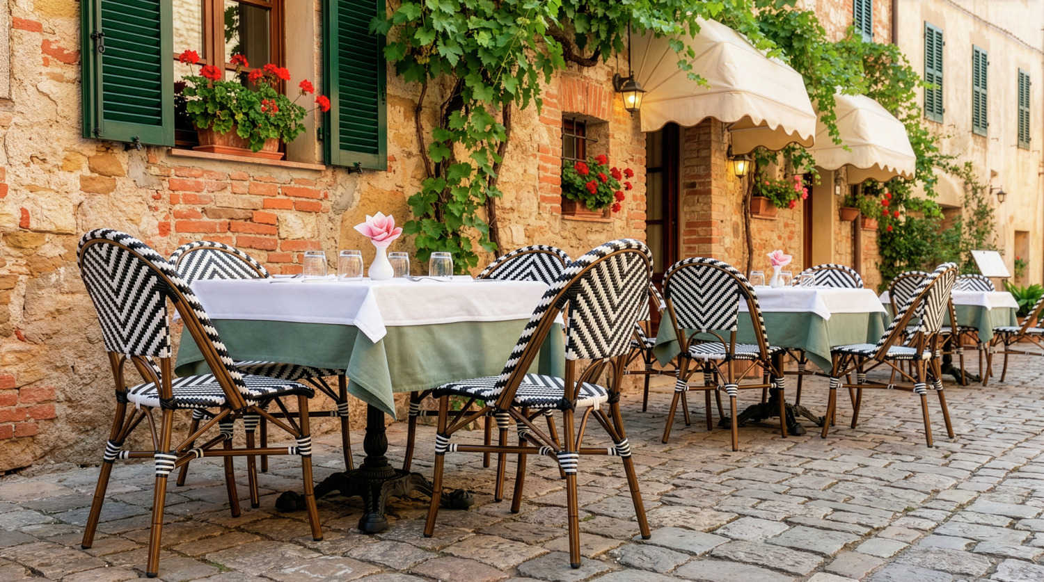 Set de 2 scaune bistro Paris PULSIVA LUSINI Solutions, Negru/Alb, cadru aluminiu aspect bambus, rachita plastic, rezistente la intemperii, stivuibile