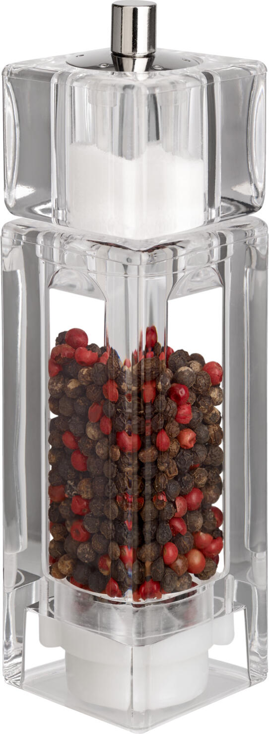 VEGA Alma Pepper Mill with Integrated Salt Shaker, Transparent Acrylic Glass and Plastic, Carbon Steel Grinding Mechanism, 4.5x16.5x4.5 cm
