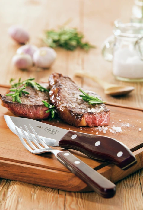 Набор из 6 предметов Вилок для стейка Vega Jumbo Picanha, нержавеющая сталь 18/10, зеркальная полировка, ручка Polywood коричневого цвета, 22 см
