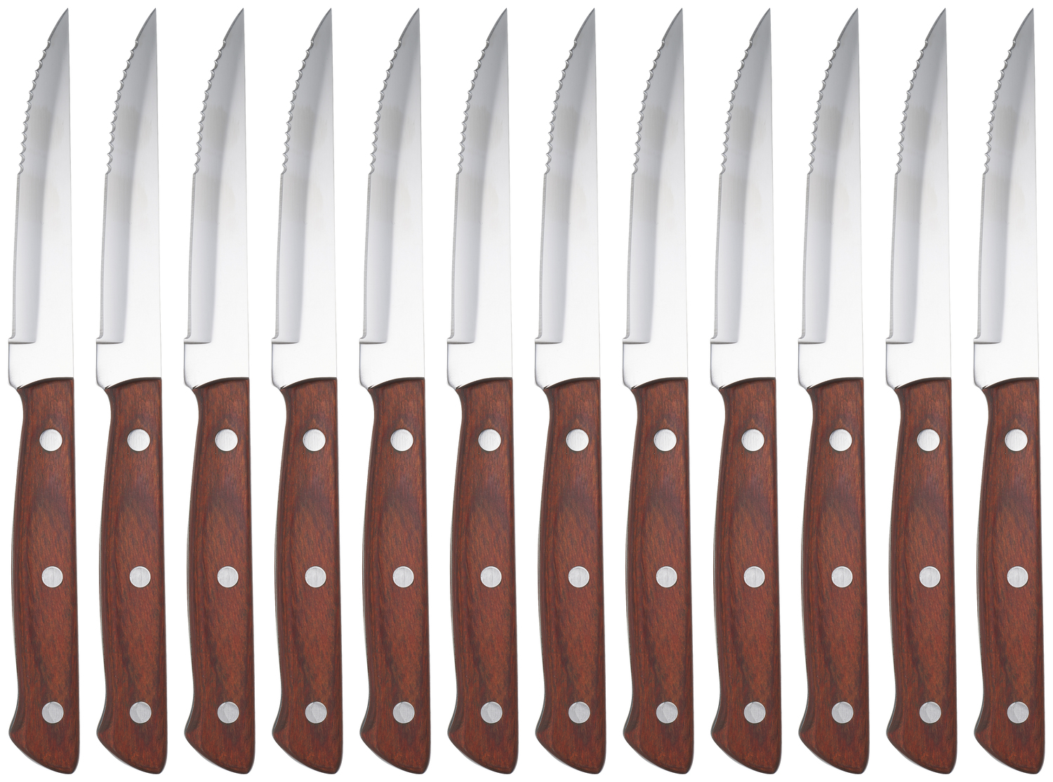 Set de 12 piese Cutite pentru friptura si pizza Pulsiva Salta, lama din otel inoxidabil 13/0 cu serata, finisaj oglinda, maner din lemn maro, 22.2 cm