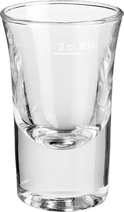 Set de 6 piese Pahare de Shot VEGA Podena, 40 ml, Sticla Transparenta cu Fundul de Gheata si Linie de Umplere, Rezistente la Masina de Spalat Vase, Inaltime 70 mm, Diametru 45 mm