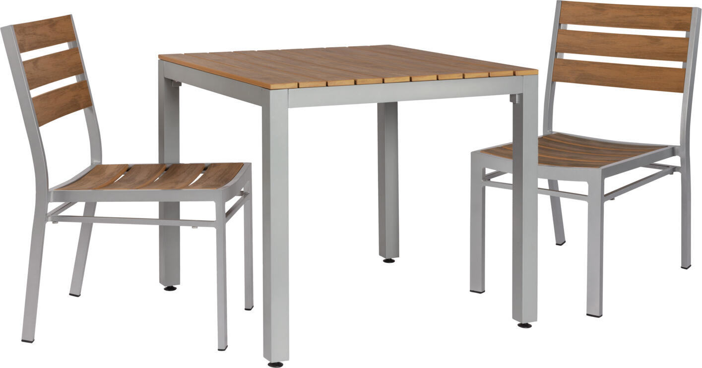 PULSIVA LUSINI Solutions GmbH Outdoor seating group Resistance 3-piece Outdoor-Sitzgruppe Resistance 3-tlg. Outdoor seating group Resistance 3-piece; grey/brown Outdoor-Sitzgruppe Resistance 3-tlg.; grau/braun The 3-piece Resistance outdoor seating group consists of two Resistance outdoor chairs and a matching Resistance patio table. The outdoor chair and table are made of lightweight, powder-coated aluminum (material thickness 1.5 cm).  The seat, backrest and table top are made of 1.5 cm thick plastic slats with a teak look. Stackable, weatherproof and UV-resistant. With plastic floor glides. It is a compact seating option for outdoor dining, patios and gardens.  The patio table is delivered disassembled, mounting material included. Note: Outdoor tables with plastic slats in a wood look have many advantages over tables with wooden table tops. However, there are a few points to bear in mind when using these tables: Glasses or other glass objects such as ashtrays or vases can cause a burning glass effect (magnifying glass effect) in direct sunlight, which can damage the surface. Die 3-teilige Outdoor-Sitzgruppe Resistance besteht aus zwei Outdoor-Stühlen Resistance und dazu passendem Terrassentisch Resistance . Der Outdoorstuhl und -Tisch  sind aus  leichtem, pulverbeschichtetem Aluminium (Materialstärke 1.5 cm).  Sitzfläche, Rückenlehne und Tischplatte sind aus 1,5 cm dicken Kunststoff-Leisten in Teak-Optik.            Stapelbar, wetterfest und UV-beständig. Mit Bodengleitern aus Kunststoff. Sie ist eine kompakte Sitzgelegenheit für die Außengastronomie, Terrasse und Garten.  Die Lieferung des Terrassentisches  erfolgt zerlegt, Befestigungsmaterial inklusive. Hinweis: Outdoortische mit Kunststoffleisten in Holzoptik weisen viele Vorteile gegenüber Tischen mit Holztischplatten auf. Beim Einsatz dieser Tische sind aber einige Punkte zu beachten: Gläser oder andere Gegenstände aus Glas wie Aschenbecher oder Vasen können bei direkter Sonneneinstrahlung einen Brennglas-Effekt (Lupeneffekt) verursachen, der zu Beschädigungen der Oberfläche führen kann.