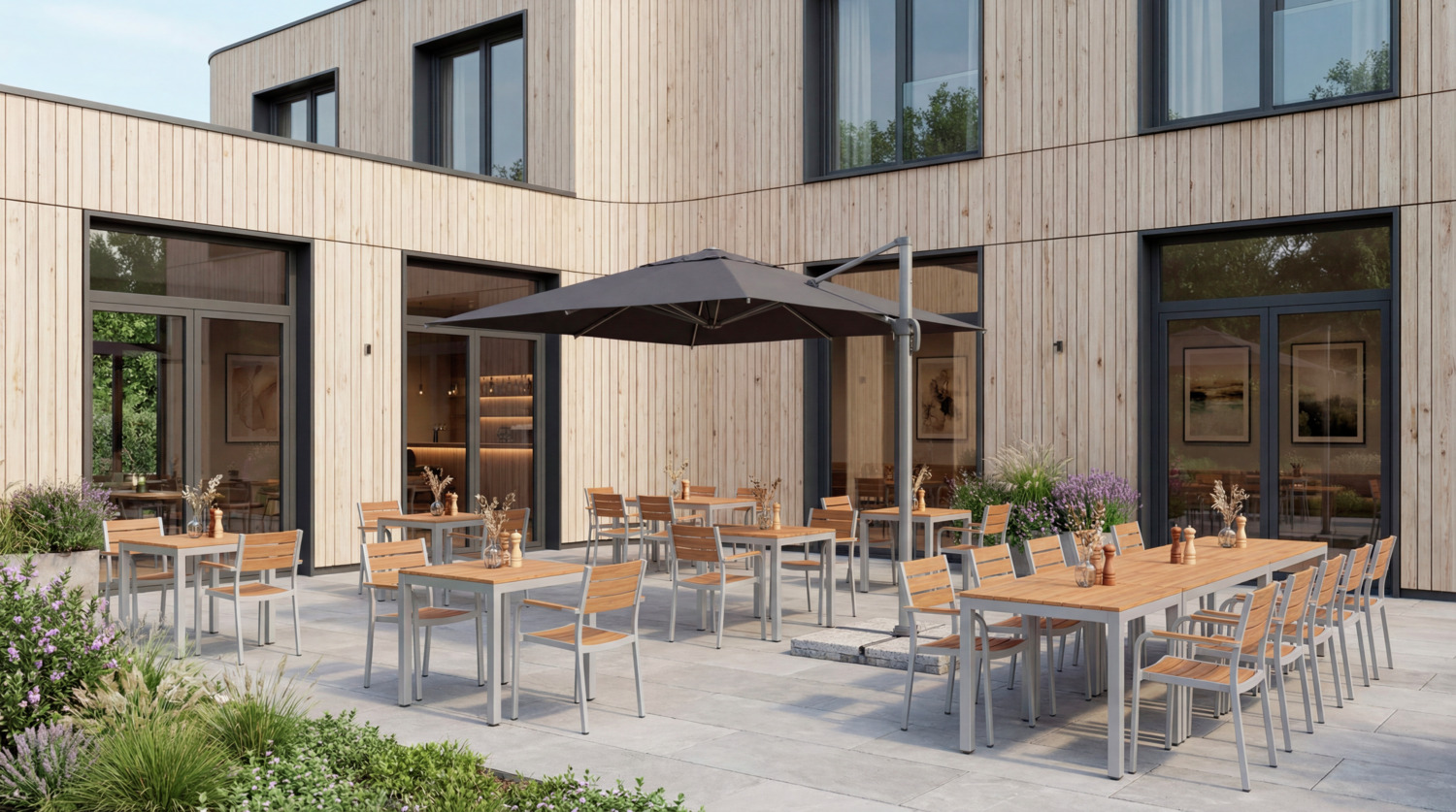 Set de 3 piese Grup de mobilier outdoor Pulsiva Resistance, 2 scaune si 1 masa, cadru din aluminiu vopsit in pudra, lamele din plastic aspect teak, gri-maro
