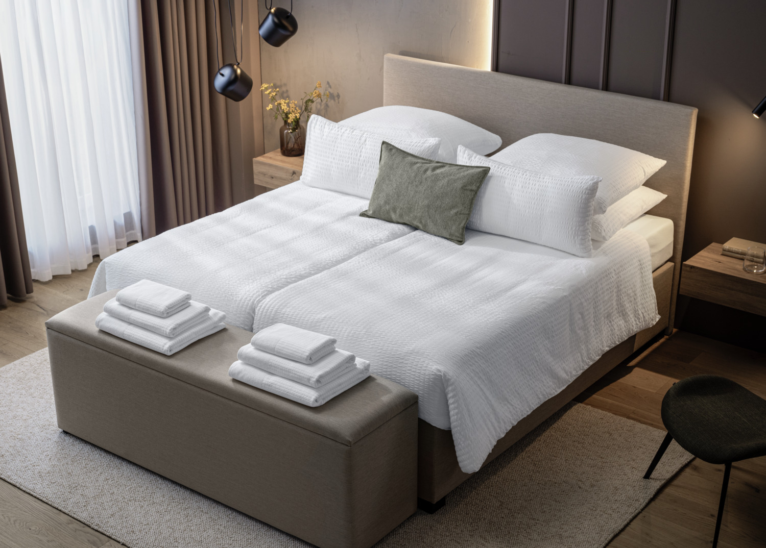 Set Lenjerie Bed Linen Set de 2 piese LUSINI Solutions GmbH Mallorca, 100% Bumbac Seersucker, Alb, Plota 140x200 cm, Fața de pernă 70x90 cm, OEKO-TEX Standard 100