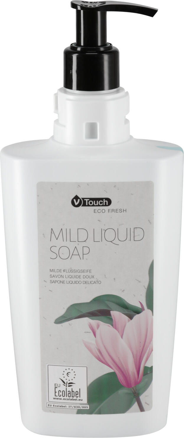 V-Touch LUSINI Solutions GmbH Hotel liquid soap Eco Fresh pump dispenser Hotel Flüssigseife Eco Fresh Pumpspender Hotel liquid soap Eco Fresh pump dispenser; 400 ml; light-blue; 24 piece / pack Hotel Flüssigseife Eco Fresh Pumpspender; 400 ml; hellblau; 24 Stück / Pack Mild, Ecolabelled and environmentally friendly liquid soap V-Touch Eco Fresh cleans and cares for hands and body equally well.  The EU Ecolabel is the European Union's ecological quality mark and recognises products that guarantee high performance standards but have a lower environmental impact throughout their life cycle. Dermatologically tested and pH-neutral. The practical pump dispenser can be refilled easily and flexibly, it is best to order canisters at the same time.  The dispenser bottle is made from 100 % recycled material and can either be used free-standing or hung in the matching Uranus wall bracket. Order the matching holder separately.  Contents: 400 ml This product from the Ecolabel-certified V-Touch Eco Fresh series can be personalised - with an individual label from 500 units. Milde, mit Ecolabel zertifiziert und umweltfreundliche Flüssig Seife V-Touch Eco Fresh reinigt und pflegt Hände und Körper gleichermaßen gut.  Das EU-Umweltzeichen ist das ökologische Qualitätszeichen der Europäischen Union und zeichnet Produkte aus, die zwar hohe Leistungsstandards garantieren, sich aber während ihres gesamten Lebenszyklus durch geringere Umweltauswirkungen auszeichnen. Dermatologisch getestet und pH-neutral. Der praktische Pumpspender lässt sich einfach und flexibel nachfüllen, am besten gleich Kanister mitbestellen.  Die Spenderflasche ist aus 100 % recyceltem Material und kann entweder frei stehen oder in die passende Wandhalterung Uranus eingehängt werden. Passende Halterung separat dazu bestellen.  Inhalt: 400 ml Dieses Produkt der Ecolabel-zertifizierte V?Touch Eco Fresh Serie ist personalisierbar – mit individuellem Etikett ab 500 Stück