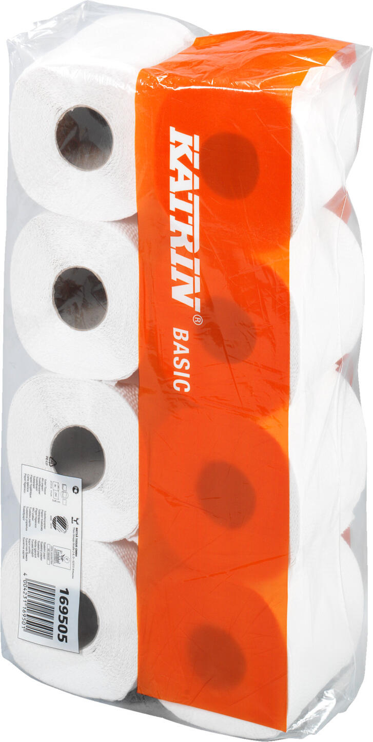 Katrin Basic Toilet Paper, 2-Ply, 100% Recycled Paper, 250 Sheets per Roll, Natural White, Pack of 64 Rolls