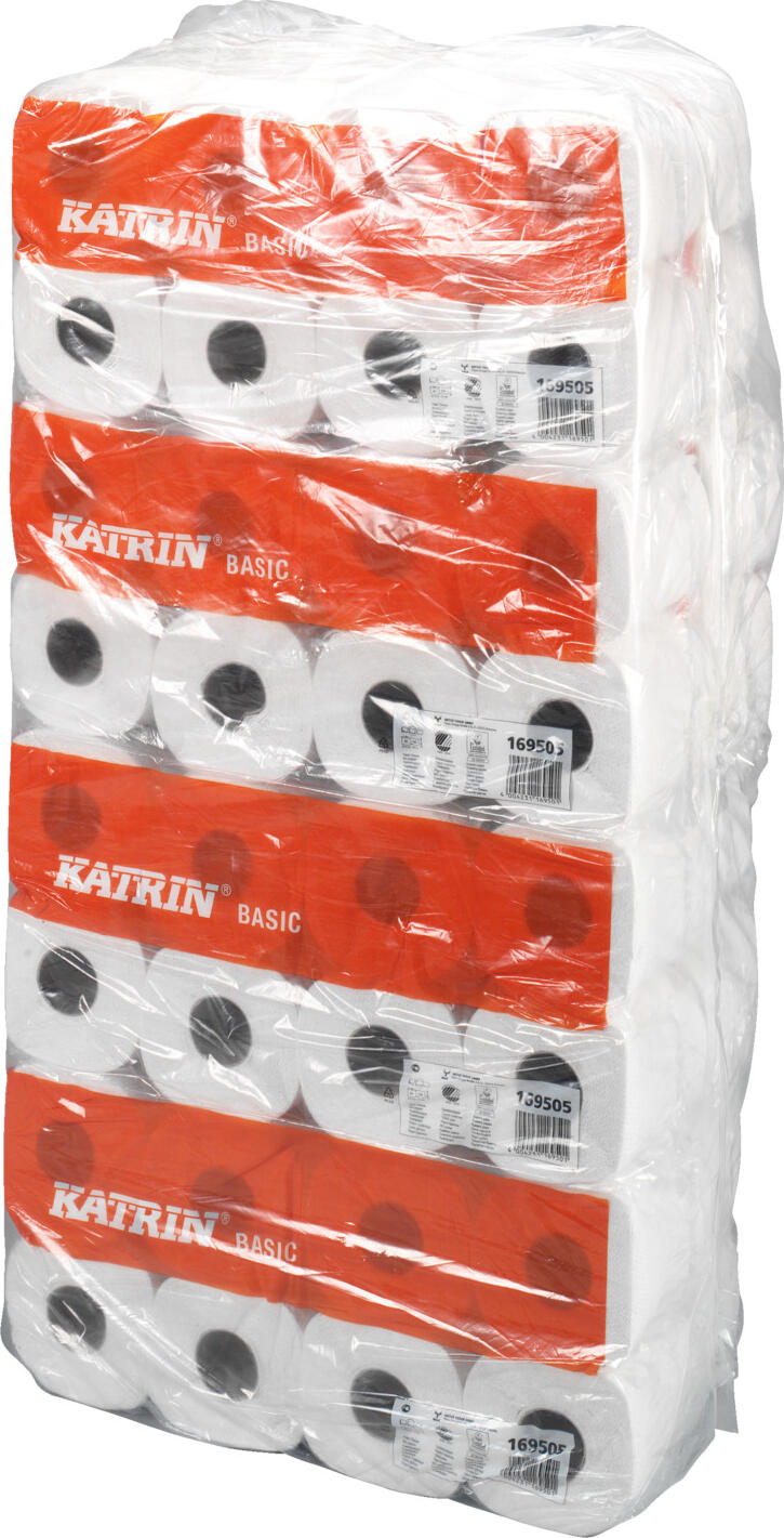 Katrin Basic Toilet Paper, 2-Ply, 100% Recycled Paper, 250 Sheets per Roll, Natural White, Pack of 64 Rolls