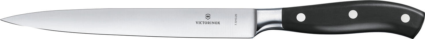 Victorinox Victorinox AG Filleting knife Grand Maître, straight, flex Filetiermesser Grand Maitre, gerade, flex Filleting knife Grand Maître, straight, flex; Blade length 20 cm, 34.2 cm (L); silver/black Filetiermesser Grand Maitre, gerade, flex; Klingenlänge 20 cm, 34.2 cm (L); silber/schwarz GRAND MAÎTRE RELIABLE CRAFTSMANSHIP LEADS TO ENJOYMENT - Forged from a single piece and evenly hardened - Perfect balance for comfort at work - Timeless, durable design Balance and equilibrium: this is the credo of the Grand Maître collection, which is appreciated by professional and amateur chefs alike. Each model in the popular series is forged from a single piece forged from a single piece and evenly hardened. This manufacturing method guarantees a seamless transition from handle to blade and greater control and precision with every cut. The ergonomically shaped handle also offers optimum comfort over a long period of time. A kitchen tool that pays for itself every day. Handle material: Polyoxymethylene is robust, hard and retains its dimensional stability even at high temperatures. It is highly abrasion-resistant, can be sterilized and is suitable for temperatures up to 130°C. GRAND MAÎTRE ZUVERLÄSSIGE HANDWERKSKUNST FÜHRT ZUM GENUSS - Aus einem Stück geschmiedet und gleichmäßig gehärtet - Perfekte Balance für Komfort bei der Arbeit - Zeitloses, langlebiges Design Ausgewogenheit und Balance: Das ist das Credo der Grand Maître Kollektion, die Profi- und Hobbyköche gleichermaßen zu schätzen wissen. Jedes Modell der beliebten Serie wurde aus einem einzigen Stück geschmiedet und gleichmäßig gehärtet. Diese Fertigungsmethode garantiert einen nahtlosen Übergang vom Griff zur Klinge und höhere Kontrolle und Präzision bei jedem Schnitt. Außerdem bietet der ergonomisch geformte Griff auch über lange Zeit optimalen Komfort. Ein Küchenwerkzeug, das sich täglich bezahlt macht. Material Griff: Polyoxymethylen ist robust, hart und behält seine dimensionale Stabilität auch bei hohen Temperaturen bei. Es ist sehr abriebfest, kann sterilisiert werden und ist für Temperaturen bis zu 130 °C geeignet.