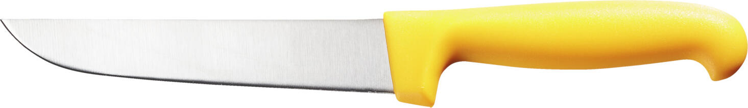 PULSIVA LUSINI Solutions GmbH Utility knife Marcata Allzweckmesser Marcata Utility knife Marcata; Blade length 15 cm, 25.5 cm (L); yellow Allzweckmesser Marcata; Klingenlänge 15 cm, 25.5 cm (L); gelb Extremely sharp professional kitchen knife with punched blades made of corrosion-resistant chrome-molybdenum-vanadium steel in the alloy X50CrMoV15. Long-lasting sharpness guaranteed. Ergonomically shaped handles with a good weight balance between the handle and blade for comfortable handling. Blade length 15cm. Color selection for application according to HACCP concept. Extrem scharfes Profi-Küchenmesser mit gestanzten Klingen aus korrosionsbeständigem Chrom-Molybdän-Vanadium Stahl in der Legierung X50CrMoV15. Langanhaltende Schärfe garantiert. Ergonomisch geformte Griffe mit einer guten Gewichts-Balance zwischen Griff und Klinge für eine komfortable Handhabung. Klingenlänge 15 cm. Farbauswahl für Anwendung nach HACCP - Konzept.