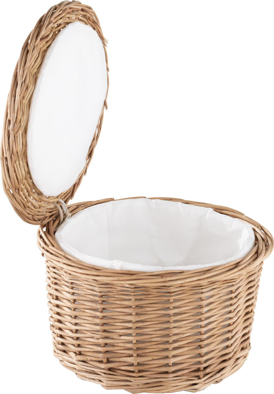 Cos pentru oua APS cu capac, din salcie naturala impletita, cu capitusa din material textil alb, rotund, maro, diametru 26 cm, inaltime 17.5 cm