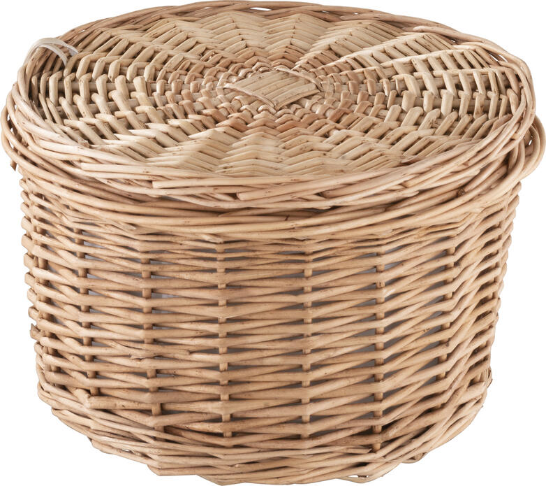 Cos pentru oua APS cu capac, din salcie naturala impletita, cu capitusa din material textil alb, rotund, maro, diametru 26 cm, inaltime 17.5 cm