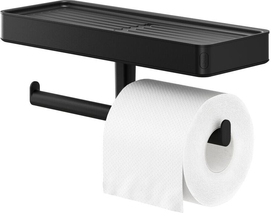 TIGER Coram B.V. Carv toilet paper holder with storage Carv Toilettenpapierhalter mit Ablage Carv toilet paper holder with storage; 10.5x10.6x10.5 cm (LxHxD); black Carv Toilettenpapierhalter mit Ablage; 10.5x10.6x10.5 cm (LxHxT); schwarz The toilet also deserves love and attention. Say hello to a streamlined style. This toilet roll holder with shelf from the Tiger Carv range is effortlessly chic and, thanks to its ribbed surface, also a little daring. Strong design with optimal functionality. Perfect for holding your toilet rolls and storing your cell phone. The black color makes it complete. Don't you agree? Have you heard of TigerFix? Our life hack for anyone who doesn't want to drill. With TigerFix 1 you can attach the Carv accessories quickly and easily to a smooth, solid surface. TigerFix 1 is available separately. Fastening material = stainless steel Product material = ABS (high-quality plastic), Zamac (metal alloy) Auch die Toilette hat Liebe und Aufmerksamkeit verdient. Sagen Sie Hallo zu einem stromlinienförmigen Stil. Dieser Toilettenpapierhalter mit Ablage aus der Serie Tiger Carv ist mühelos schick und dank seiner gerippten Oberfläche auch ein bisschen gewagt. Starkes Design mit optimaler Funktionalität. Perfekt, um Ihre Toilettenpapierrollen zu befestigen und Ihr Mobiltelefon abzulegen. Die schwarze Farbe macht es komplett. Finden Sie nicht auch? Haben Sie schon von TigerFix gehört? Unser Lifehack für alle, die nicht bohren wollen. Mit TigerFix 1 können Sie das Carv Zubehör schnell und einfach an einer glatten, festen Oberfläche befestigen. TigerFix 1 ist separat erhältlich. Befestigungsmaterial = Edelstahl Material Produkt = ABS (Kunststoff, hochwertig), Zamac (Metalllegierung)