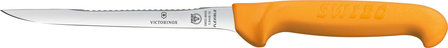 Victorinox Victorinox AG Filleting knife Swibo straight, flex-narrow Filetiermesser Swibo flex-schmal Filleting knife Swibo straight, flex-narrow; Blade length 16 cm, 28.2 cm (L); silver/orange Filetiermesser Swibo flex-schmal; Klingenlänge 16 cm, 28.2 cm (L); silber/orange SWIBO A SIGNAL COLOR SETS THE TONE - Special handle shape for even more safety when cutting - Precision for perfect cuts - Highly visible handles in signal color The Swibo collection stands for optimum safety in the kitchen. When things get busy at work, knives can often be lost or misused. That's why these knives have a bright orange handle that simply catches the eye. The sharp, polished blade easily masters any kitchen task, but is protected by the handle, which is slightly wider at the transition to the blade and gives you more control and precision. A collection with a focus on safety for professional chefs and private households. Knife handle: Polyamide is extremely robust and combines exceptional rigidity with high impact resistance. It is very abrasion-resistant, has good gliding properties, can be sterilized and can withstand temperatures of up to 110°C. SWIBO EINE SIGNALFARBE GIBT DEN TON AN - Spezielle Griffform für noch mehr Sicherheit beim Schneiden - Präzision für perfekte Schnitte - Gut sichtbare Griffe in Signalfarbe Die Swibo Kollektion steht für optimale Sicherheit in der Küche. Wenn es bei der Arbeit hoch her geht, können Messer oft verloren oder zweckentfremdet werden. Deshalb haben diese Messer einen Griff in leuchtendem Orange, das einfach ins Auge fällt. Die scharfe, polierte Klinge meistert ganz einfach jede Küchenaufgabe, wird jedoch vom Griff geschützt, der am Übergang zur Klinge etwas breiter gehalten ist und Ihnen mehr Kontrolle und Präzision an die Hand gibt. Eine Kollektion mit Fokus auf Sicherheit für Profiköche und Privathaushalte. Messer Griff: Polyamid ist extrem robust und kombiniert außergewöhnliche Steifigkeit mit hoher Schlagfestigkeit. Es ist sehr abriebfest, besitzt gute Gleiteigenschaften, kann sterilisiert werden und hält Temperaturen von bis zu 110 °C stand.