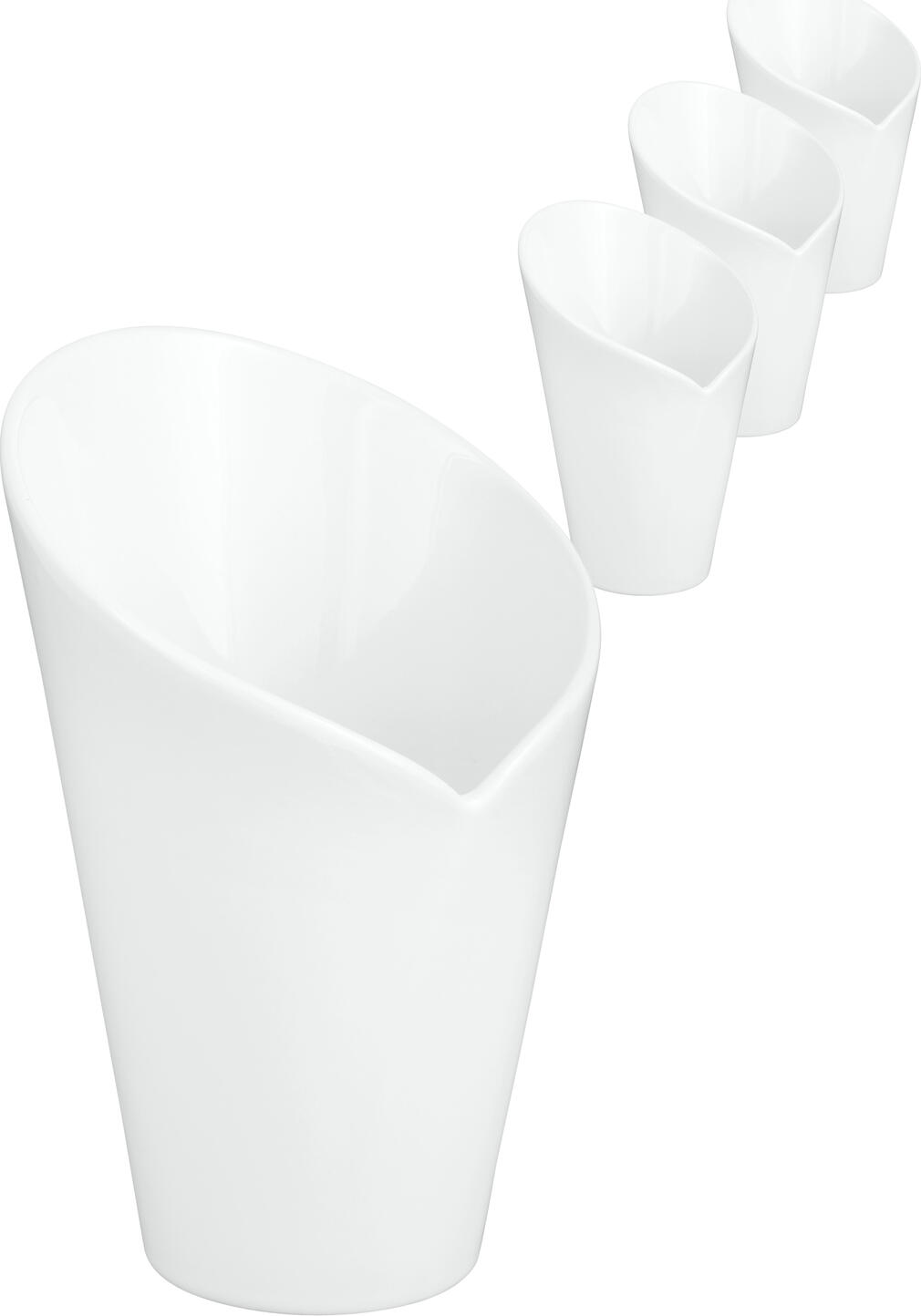 Boluri pentru cartofi prăjiți VEGA Ellis din porțelan alb, formă conică, 280 ml, diametru 10.5 cm, înălțime 15.5 cm, rezistente la microunde și mașina de spălat vase, set de 4 piese