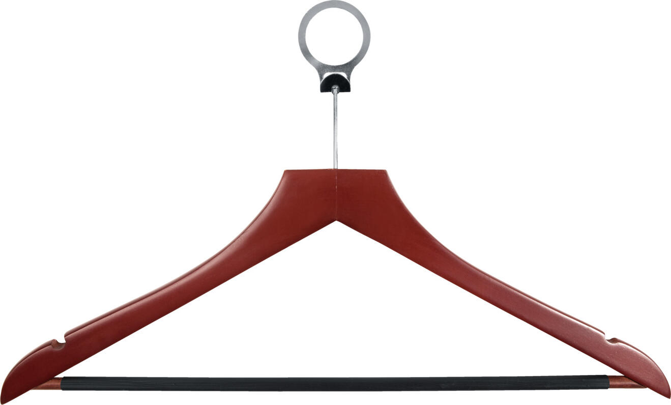 PULSIVA LUSINI Solutions GmbH Hotel coat hangers Cimbrio Hotel Kleiderbügel Cimbrio Hotel coat hangers Cimbrio; 44.5x27 cm (LxH); mahogany; 12 piece / pack Hotel Kleiderbügel Cimbrio; 44.5x27 cm (LxH); mahagoni; 12 Stück / Pack Functional coat hanger made of lotus wood with metal anti-theft device. The robust hotel coat hanger has a skirt cut-out and a non-slip bar. The hanger has an anti-theft device with a Ø of 38 mm and is therefore perfectly suited to the different requirements of hotels and guesthouses. Replacement rings can be reordered. Funktionaler Kleiderbügel aus Lotosholz mit Diebstahlsicherung aus Metall. Der robuste Hotelkleiderbügel verfügt über einen Rockeinschnitt und einen rutschfesten Steg. Der Bügel ist mit Diebstahlsicherung mit einem Ø von 38 mm und somit auf die unterschiedlichen Bedürfnisse der Hotels oder Pensionen perfekt ausgerichtet. Ersatzringe nachbestellbar.