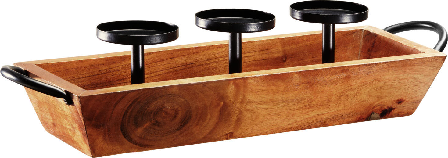 LUSINI Esilia Candlestick Set of 3, Decorative Wooden Tray with Metal Holders, Brown and Black, 48x15x12 cm