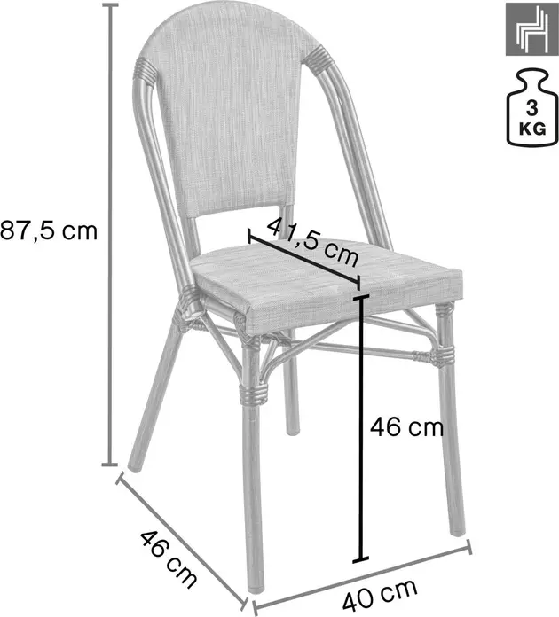 Set de 2 scaune bistro exterioare VEGA Rimalia, aluminiu vopsit electrostatic si wicker plastic impletit, stivuibile, rezistente la intemperii, 46x53x87.5 cm